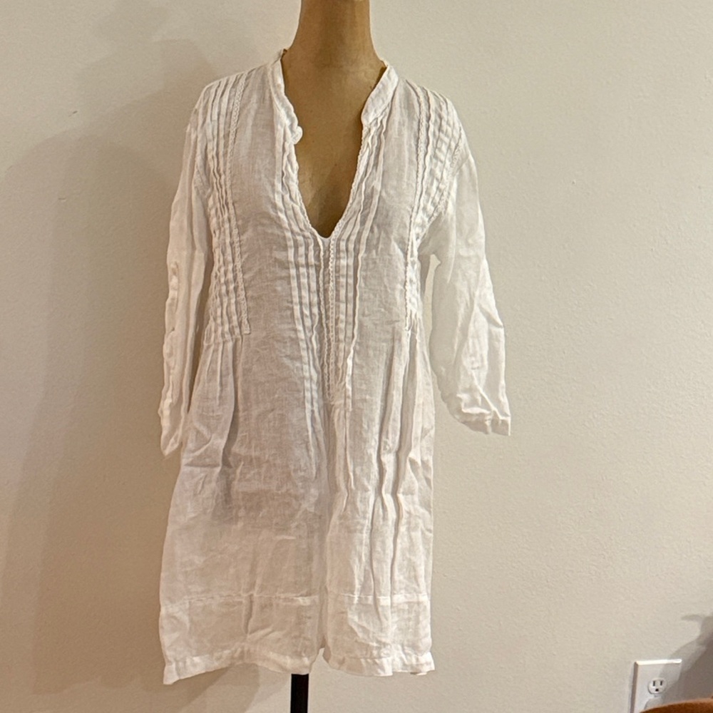 CP Shades sz S White 100% linen Tunic Dress pleated v neck great condition